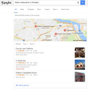 Italian restaurants in Arlington google result showing three Italian restaurant names, images, rating and their location in Arlington on a map